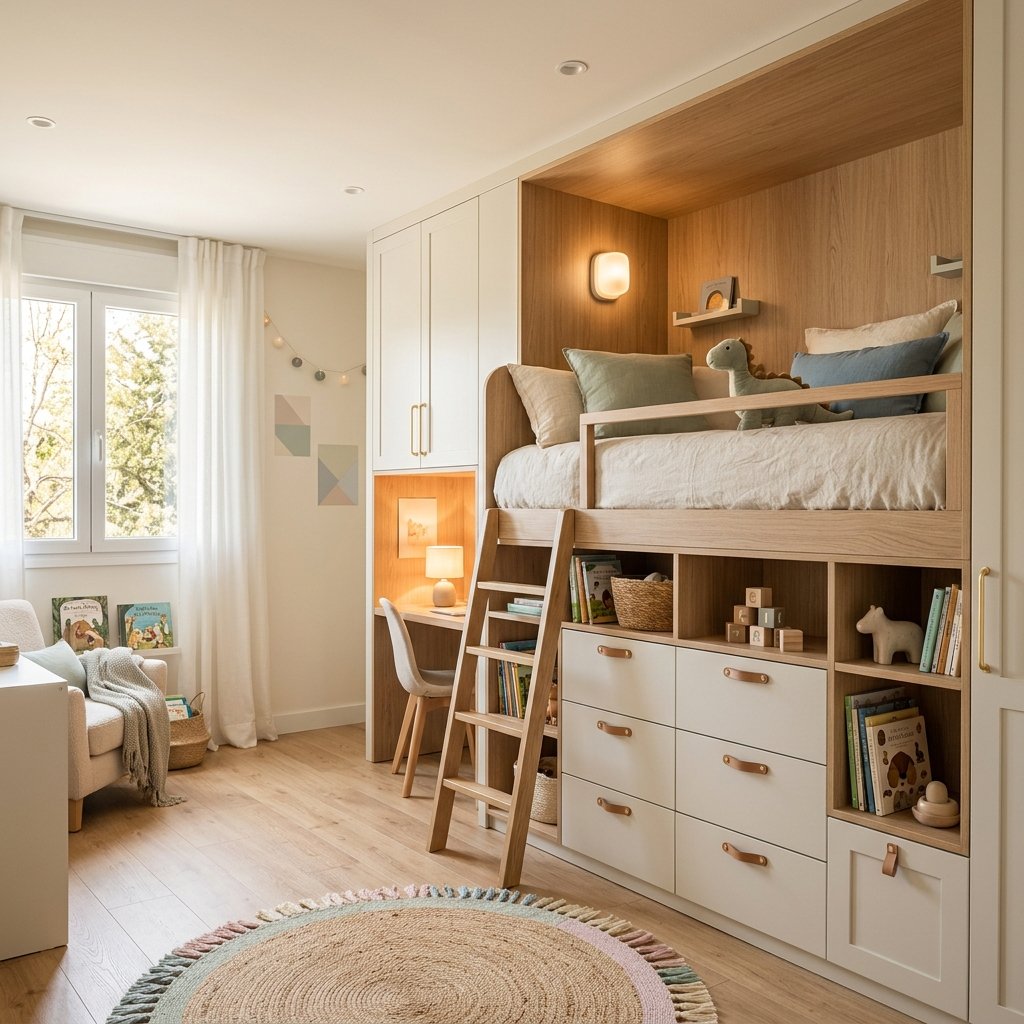 Beautiful child bedroom layout featuring bright lighting designs and custom wardrobe organizers